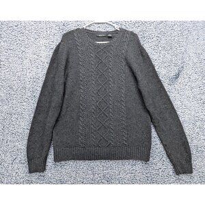 Liz Claiborne Cable Knit Fisherman Sweater Size LG Knit Wool Blend Chunky Gray